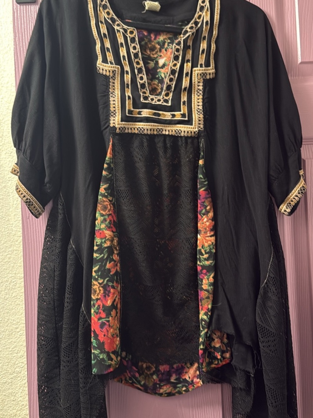 Buckle Gimmicks BKE Black Tunic with Gold Embroidered Neckline and Floral Panels